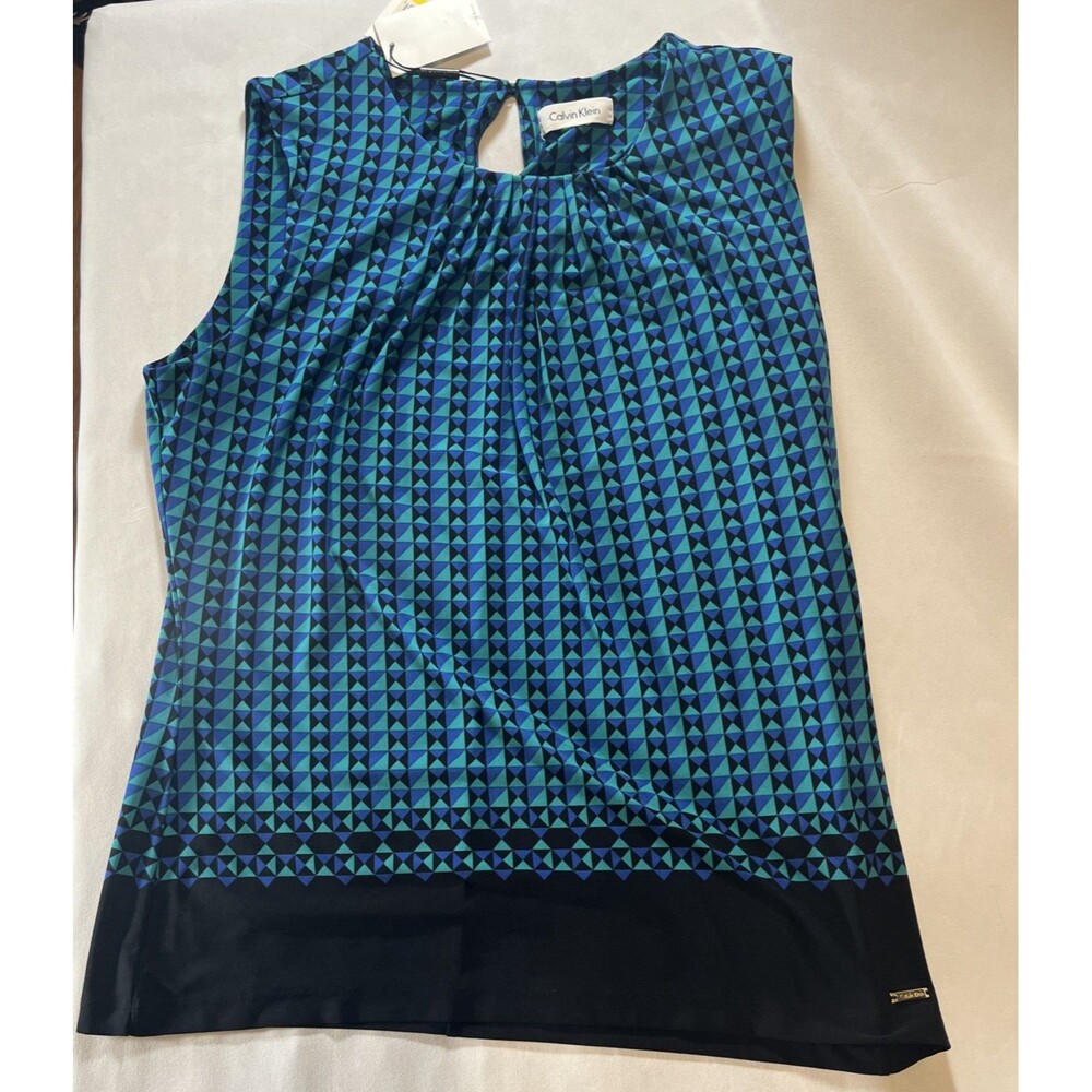 Calvin Klein Sleeveless Blouse Women's Size Medium Blue Black Print NWT